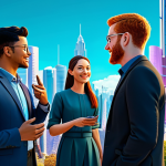 A diverse group of fully clothed professionals in modest business casual attire, collaborating and interacting within a vibrant, futuristic metaverse environment. The background features a digital cityscape with intricate virtual architecture, hinting at user-generated content and virtual land plots. Floating digital art installations and small groups of avatars engaging in conversation are visible. The scene is bright, optimistic, and emphasizes community building and innovation in the digital space. High quality, professional photography, perfect anatomy, correct proportions, natural pose, well-formed hands, proper finger count, natural body proportions, safe for work, appropriate content, fully clothed, professional, family-friendly.