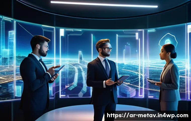 메타버스 플랫폼별 부동산 투자 리포트 - **Prompt:** A sophisticated, high-tech metaverse boardroom scene. Diverse, elegantly dressed busines...