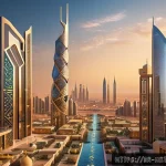 Home 19 가상 부동산의 법적 이슈 - A sophisticated digital art scene depicting a futuristic virtual real estate marketplace set in a Mi...