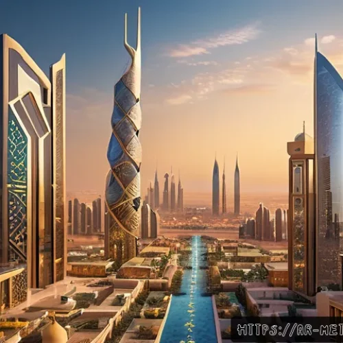 Home 31 가상 부동산의 법적 이슈 - A sophisticated digital art scene depicting a futuristic virtual real estate marketplace set in a Mi...