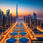 Home 18 가상 부동산 시장의 성장 가능성 - A futuristic digital marketplace set in a vibrant Arab metropolitan skyline at dusk, featuring diver...