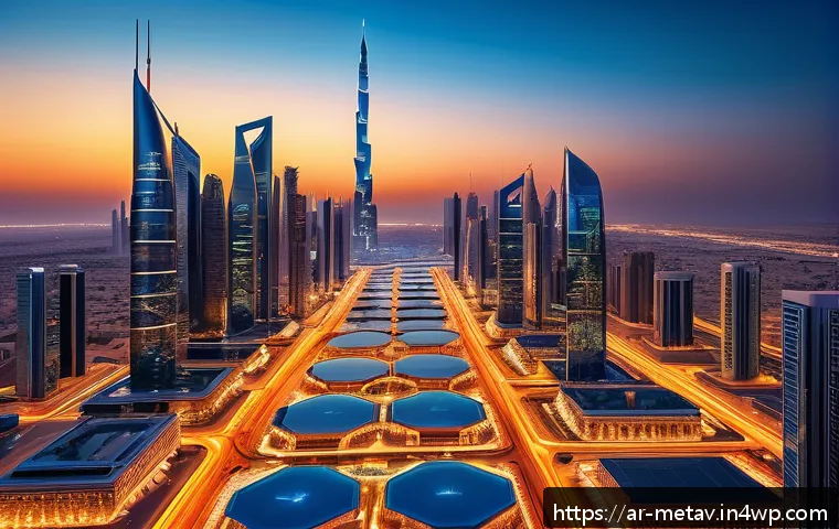 가상 부동산 시장의 성장 가능성 - A futuristic digital marketplace set in a vibrant Arab metropolitan skyline at dusk, featuring diver...