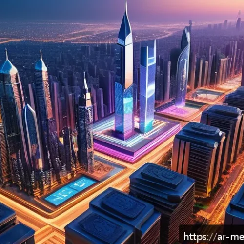 Home 17 디지털 부동산의 가치 상승 요인 - A vibrant digital marketplace scene set in an Arabic-inspired virtual cityscape, featuring futuristi...