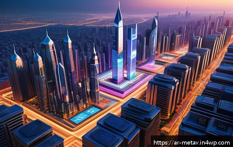 디지털 부동산의 가치 상승 요인 - A vibrant digital marketplace scene set in an Arabic-inspired virtual cityscape, featuring futuristi...