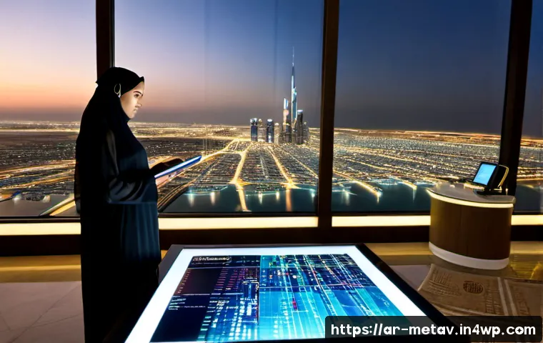 Home 17 메타버스 부동산 투자와 관련된 최신 뉴스 - Photorealistic Gulf Arab businesswoman in elegant modest abaya and headscarf studying a holographic ...