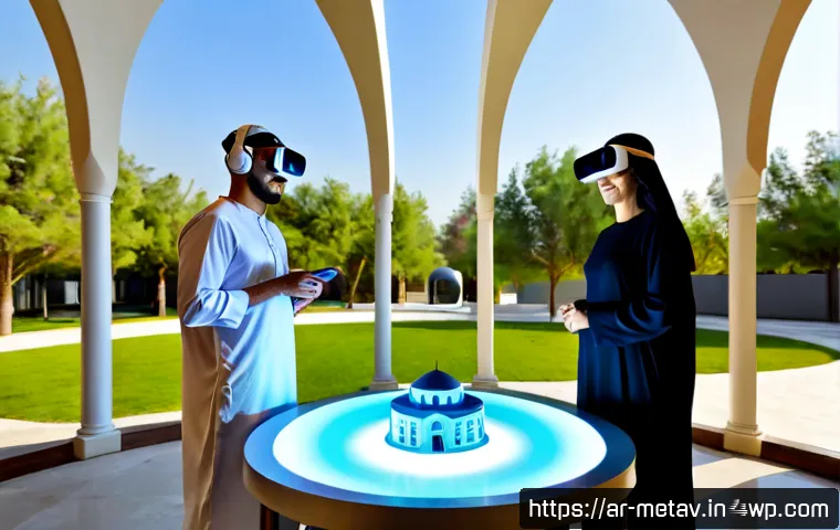 메타버스 부동산의 사회적 가치 - Photorealistic modern Gulf Arab community center, diverse Arab adults and an elderly couple wearing ...
